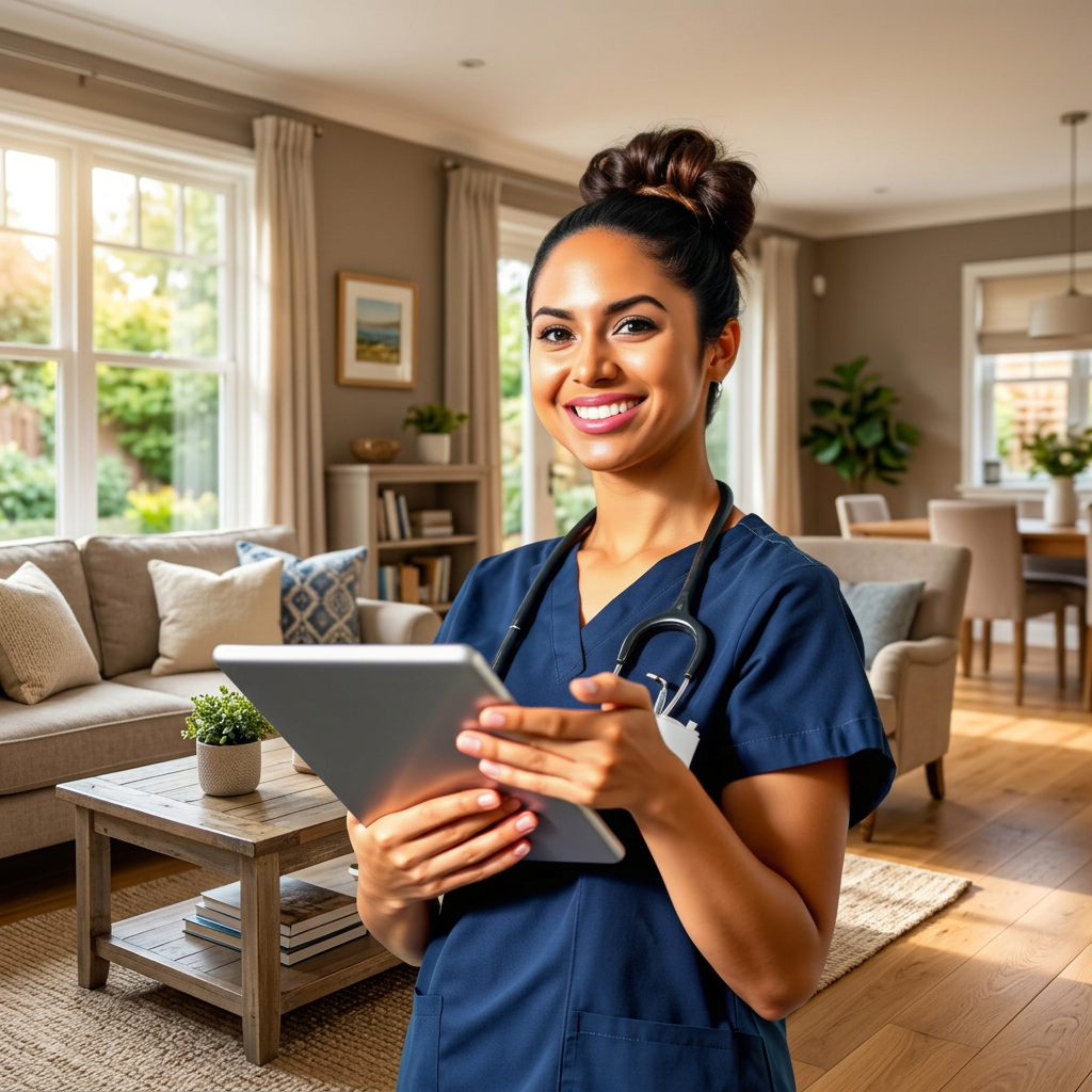 Home health nurse charting on a tablet with DSL