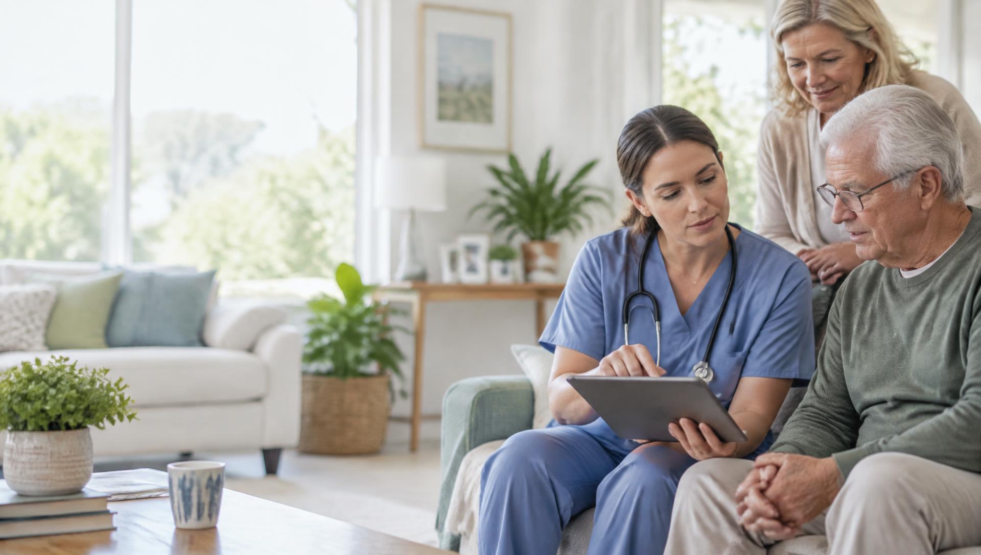A home health nurse reviews a care plan with an older adult and family caregiver